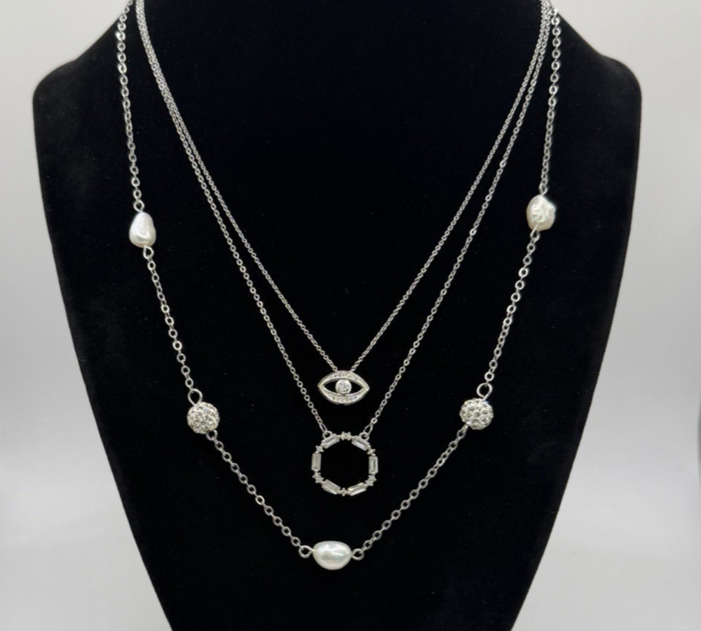 Dainty Minimalist Silver Tone Pendant Necklace Lot of 3 Evil Eye Pearl Crystal